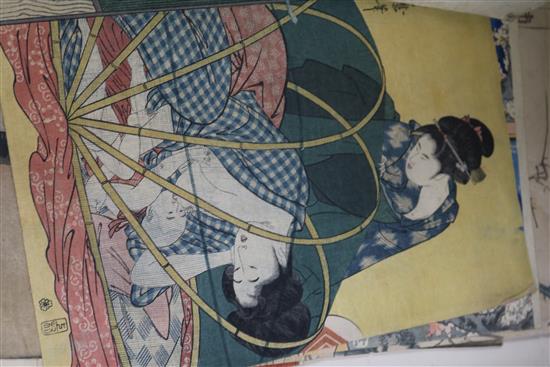 A folio of assorted Japanese woodblock prints and drawings, and an erotic folding book